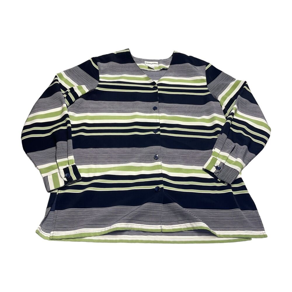 Alfred Dunner Top Womens 12 Navy Striped 100% Polyester Button Front Long Sleeve - Picture 1 of 7